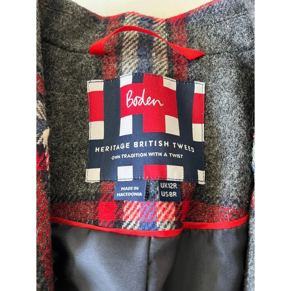 Boden British Tweed Gray Plaid 100% Wool Blazer 12 Reg - Picture 4 of 8